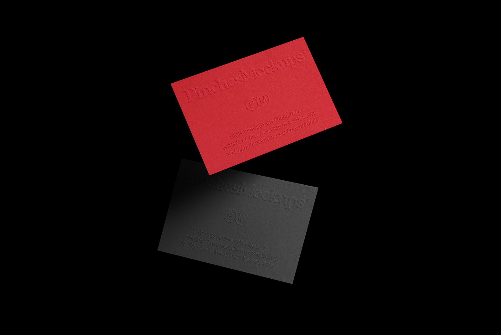 Elegant red and black business card mockup on dark background, perfect for designers looking for high-resolution assets with realistic textures and shadows.